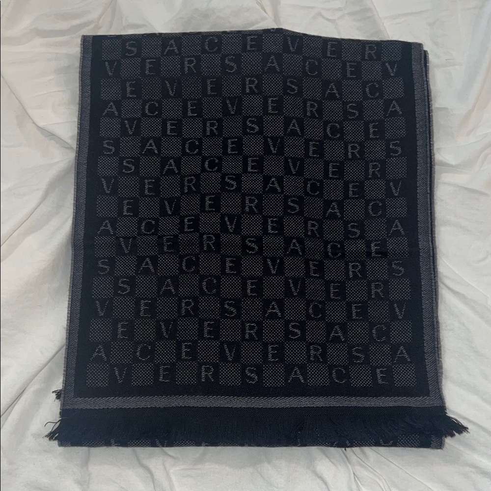Versace Black and Grey Wool Logo Scarf